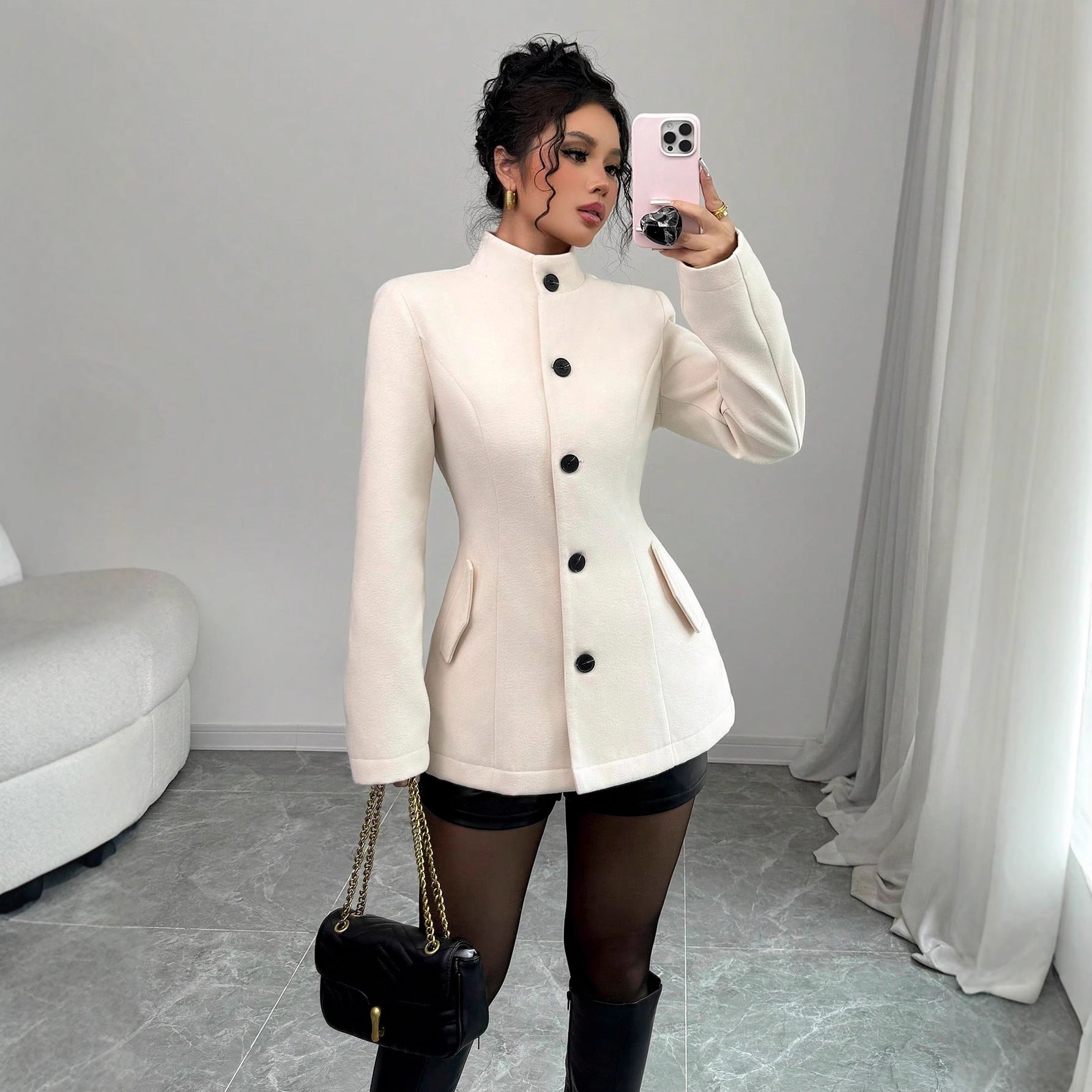 Womens Tailored Wool Coat With Buttons - Image 2